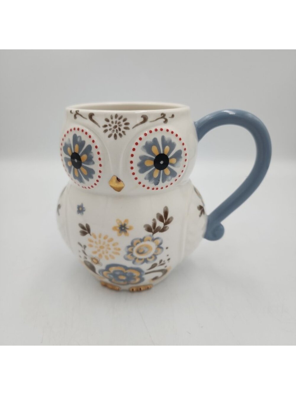 Cracker Barrel Exc. Owl Shaped Mug 4.5" Coffee Cup Floral Blue Handle Gold Tr Ki